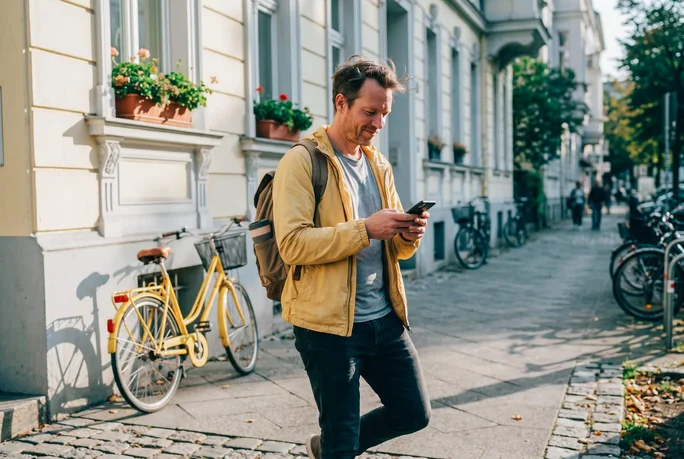 Mann geht am Gehsteig mit Smartphone in der Hand
