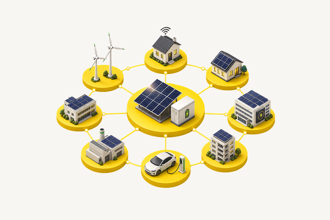 Illustration eines zentralen Solarkraftwerks, das über ein kreisförmiges Netzwerk mit verschiedenen Gebäuden und Geräten verbunden ist. In der Umgebung befinden sich Wohnhäuser mit Solaranlagen auf den Dächern, ein Bürogebäude, eine Industrieanlage und eine Windkraftanlage. Ein Elektroauto lädt an einer Station, und ein Smart Home mit einem WLAN-Symbol deutet auf die Möglichkeit der Fernsteuerung der Energieversorgung hin. Leuchtend gelbe, kreisförmige Plattformen und der klare weiße Hintergrund vermitteln eine moderne, optimistische Atmosphäre mit Fokus auf erneuerbare Energien und intelligente Stromnetze.
