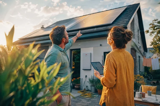 Ein Paar mittleren Alters steht in seinem Garten und betrachtet die Solaranlage auf dem Dach seines modernen Hauses. Der Mann deutet auf die Paneele, während die Frau ein Tablet in der Hand hält – offenbar überprüfen sie gerade ihr Energiesystem. Die Szene ist im warmen Licht der goldenen Stunde eingefangen; Pflanzen, Gartengeräte und Wäsche sind zu sehen und vermitteln ein bewohntes, gemütliches Wohngefühl. Die Stimmung ist insgesamt optimistisch und auf nachhaltiges Leben und erneuerbare Energien ausgerichtet.