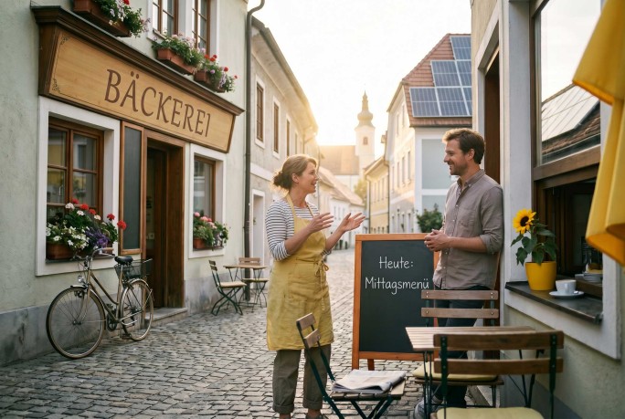 Café-Besitzerin und Gast unterhalten sich vor Café