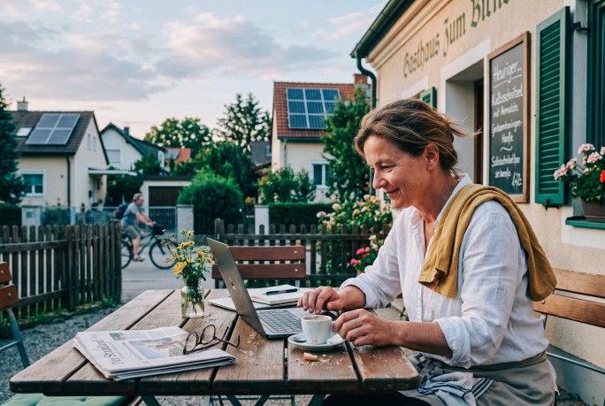 Lokalbesitzerin sitzt am Tisch vor ihrem Gasthaus und meldet sich am Laptop bei Raiffeisen Energie an, daneben Kaffee und Zeitung