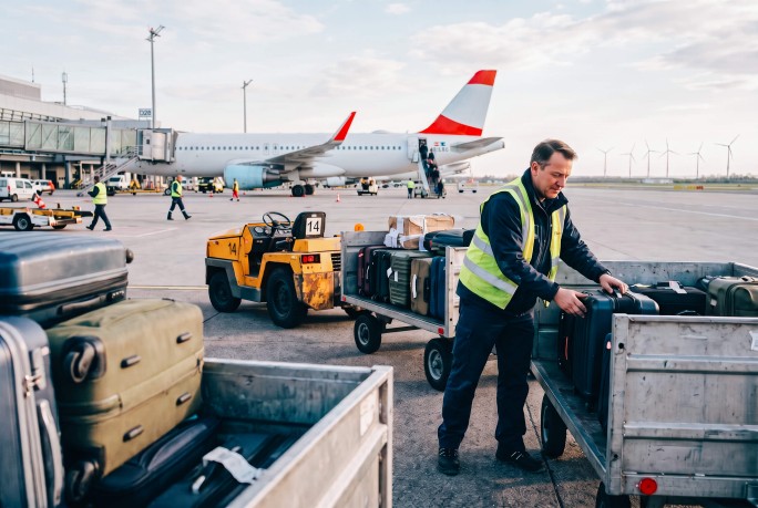 Flughafen-Mitarbeiter am Rollfeld schichtet Koffer um
