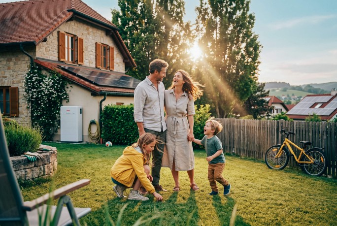 Eltern mit Kindern im Garten, im Hintergrund ist ein Stromspeicher sichtbar