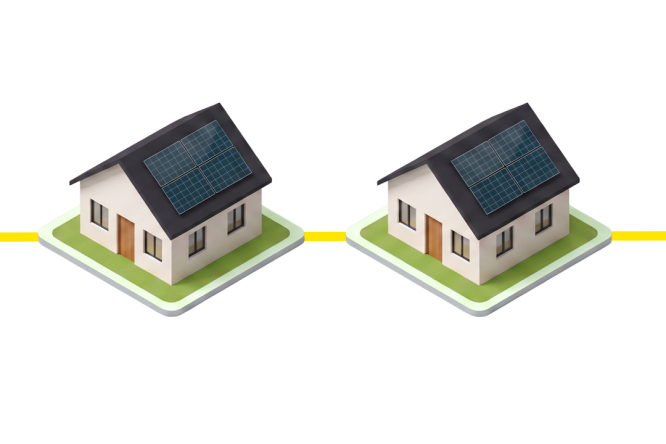 Illustration zweier kleiner Häuser mit jeweils einer Solaranlage auf dem Dach. Die Häuser stehen auf separaten quadratischen Plattformen, die durch eine gelbe Linie verbunden sind, welche ein Energienetz symbolisiert. Die Szene ist minimalistisch mit einem klaren weißen Hintergrund und sanften Schatten. Der Stil ist modern und leicht isometrisch und betont nachhaltige Energieversorgung im Wohnbereich.