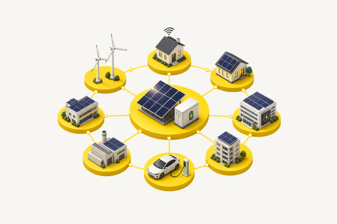 Illustration eines zentralen Solarkraftwerks, das über ein kreisförmiges Netzwerk mit verschiedenen Gebäuden und Geräten verbunden ist. In der Umgebung befinden sich Wohnhäuser mit Solaranlagen auf den Dächern, ein Bürogebäude, eine Industrieanlage und eine Windkraftanlage. Ein Elektroauto lädt an einer Station, und ein Smart Home mit einem WLAN-Symbol deutet auf die Möglichkeit der Fernsteuerung der Energieversorgung hin. Leuchtend gelbe, kreisförmige Plattformen und der klare weiße Hintergrund vermitteln eine moderne, optimistische Atmosphäre mit Fokus auf erneuerbare Energien und intelligente Stromnetze.