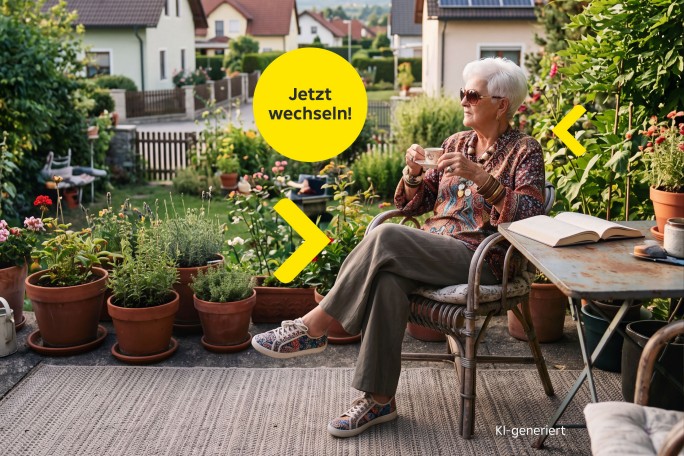Tante Gitti sitzt entspannt auf ihrer Terrasse und trinkt Tee, daneben gelber Kreis mit Text: "Jetzt wechseln""